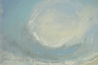 Bathed-in-warmth-and-light-a-bee-buzzes-by-pastel-on-paper