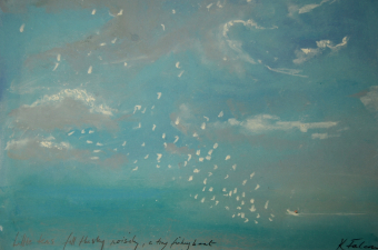 Little terns fill the sky noisily - pastel on paper