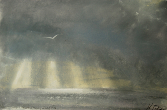 Rain sweeps across stormy seas - pastel on paper